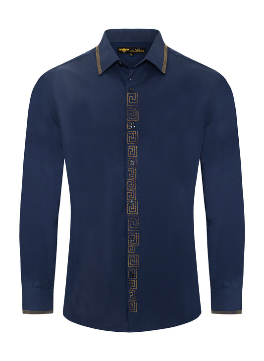 V.I.P. COLLECTION MEN'S RHINESTONE & EMBROIDERY BUTTON-UP LONG SLEEVES SHIRT (NAVY BLUE VWSF-10)