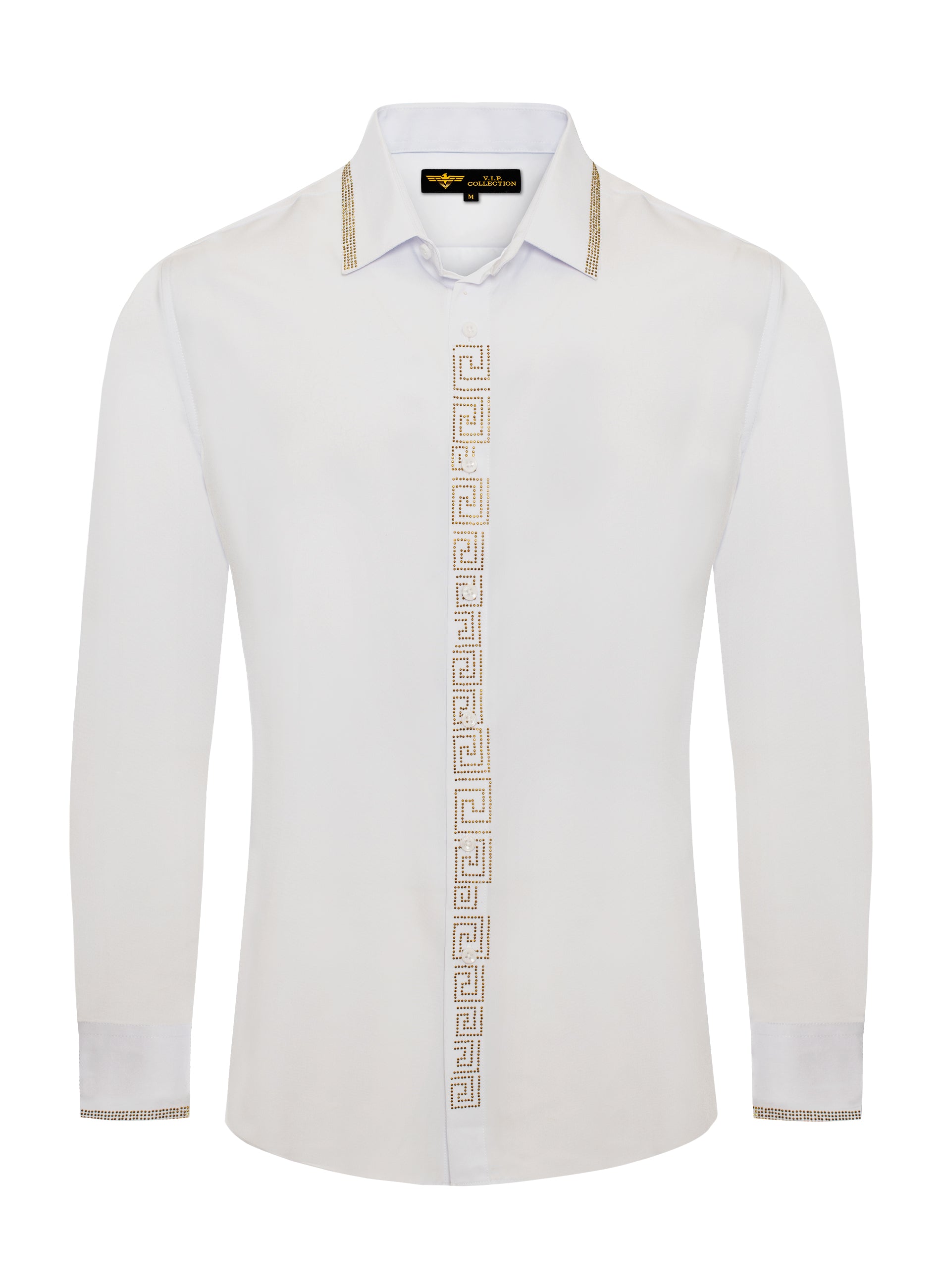 V.I.P. COLLECTION MEN'S RHINESTONE & EMBROIDERY BUTTON-UP LONG SLEEVES SHIRT (WHITE VWSF-10)