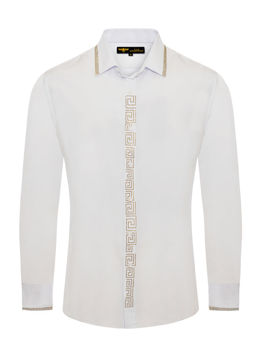 V.I.P. COLLECTION MEN'S RHINESTONE & EMBROIDERY BUTTON-UP LONG SLEEVES SHIRT (WHITE VWSF-10)