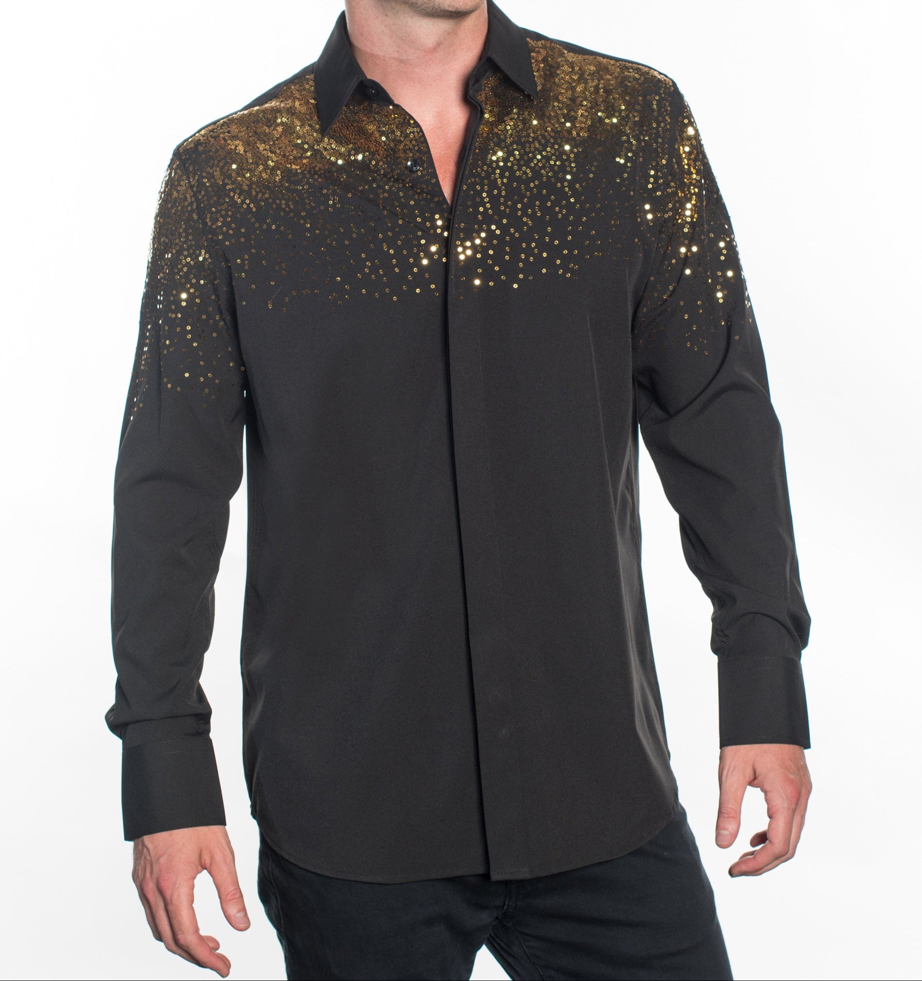 V.I.P. COLLECTION MEN'S RHINESTONE & EMBROIDERY BUTTON-UP LONG SLEEVES SHIRT (BLACK VWSF-12)