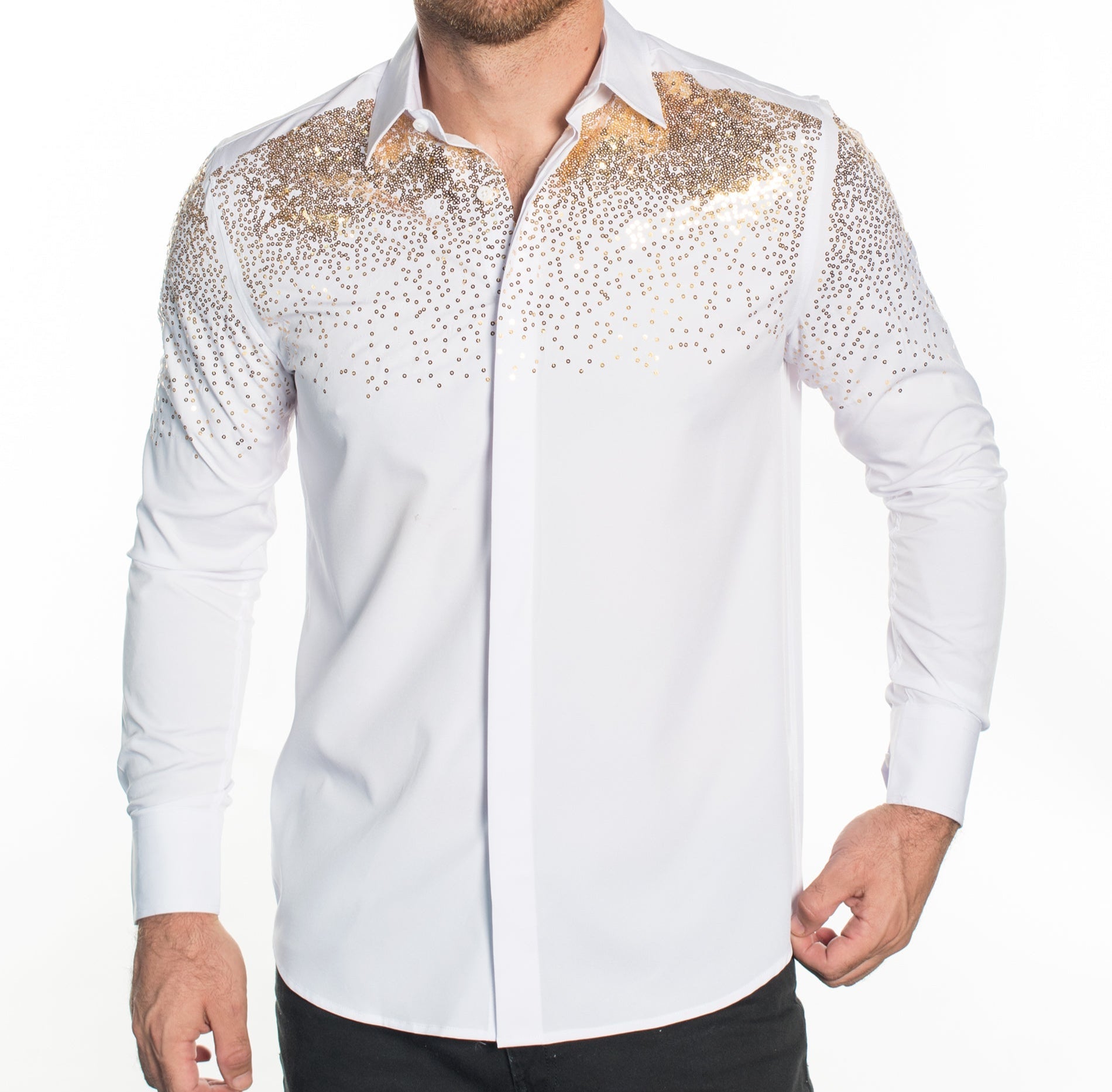 V.I.P. COLLECTION MEN'S RHINESTONE & EMBROIDERY BUTTON-UP LONG SLEEVES SHIRT (WHITE VWSF-12)