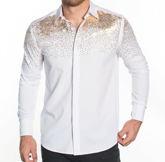 V.I.P. COLLECTION MEN'S RHINESTONE & EMBROIDERY BUTTON-UP LONG SLEEVES SHIRT (WHITE VWSF-12)