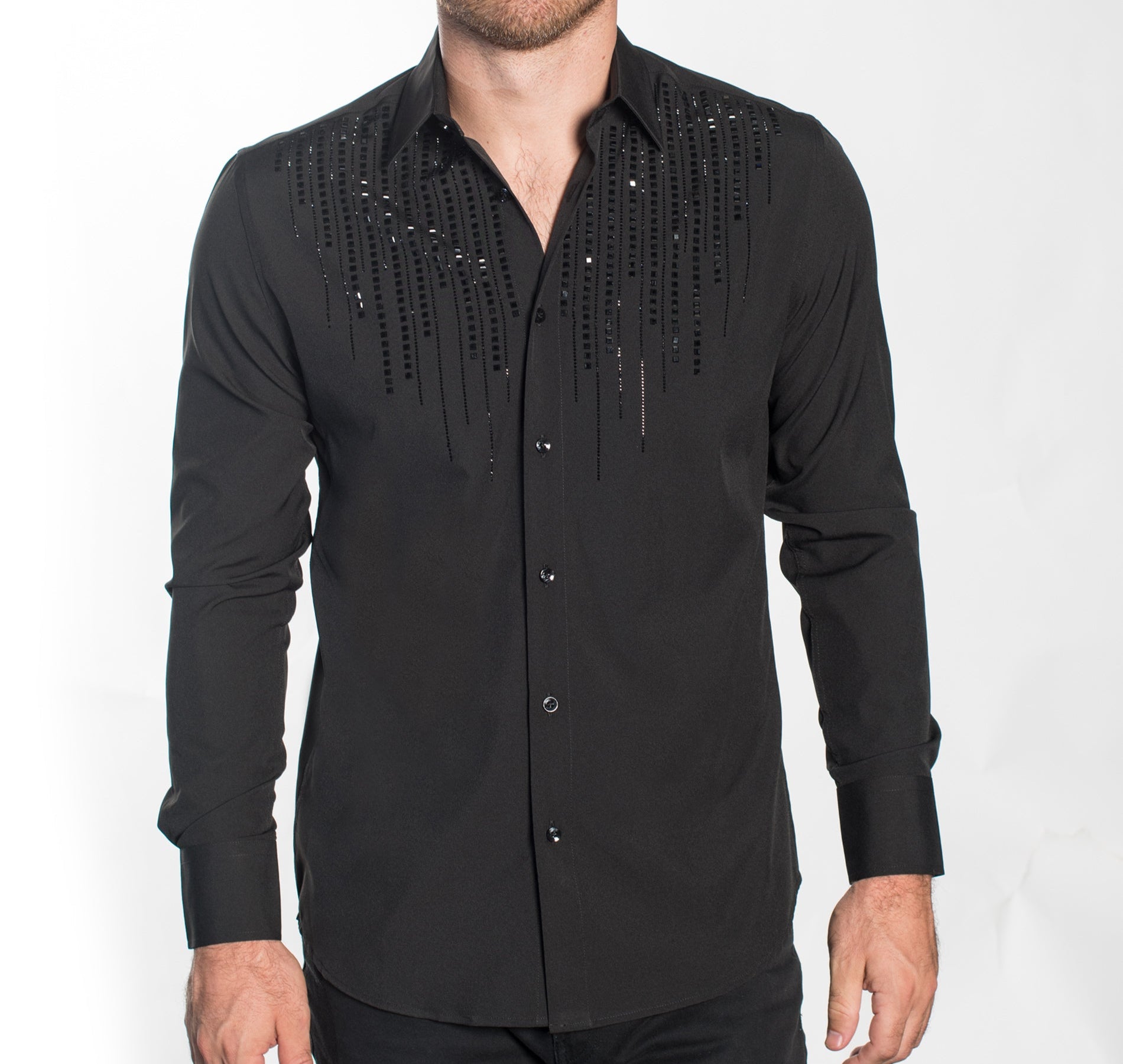 V.I.P. COLLECTION MEN'S RHINESTONE & EMBROIDERY BUTTON-UP LONG SLEEVES SHIRT (BLACK VWSF-2)
