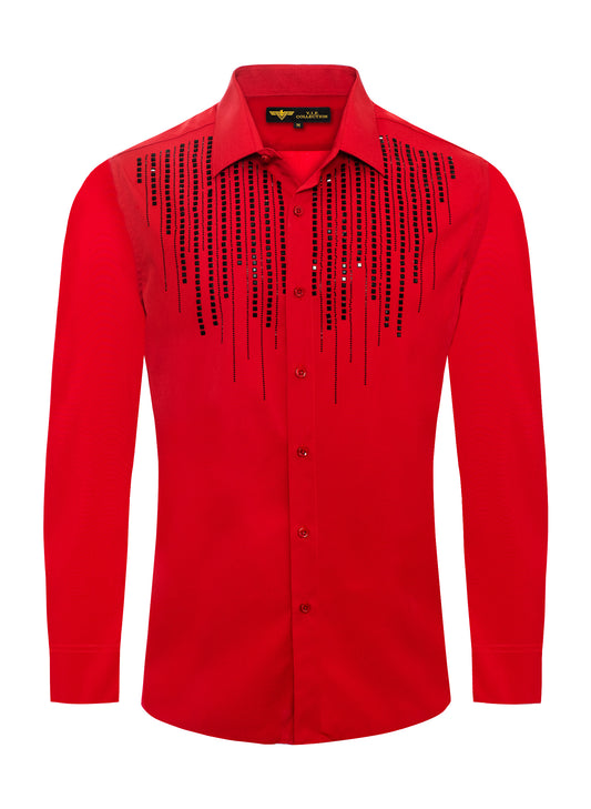 V.I.P. COLLECTION MEN'S RHINESTONE & EMBROIDERY BUTTON-UP LONG SLEEVES SHIRT (RED VWSF-2)