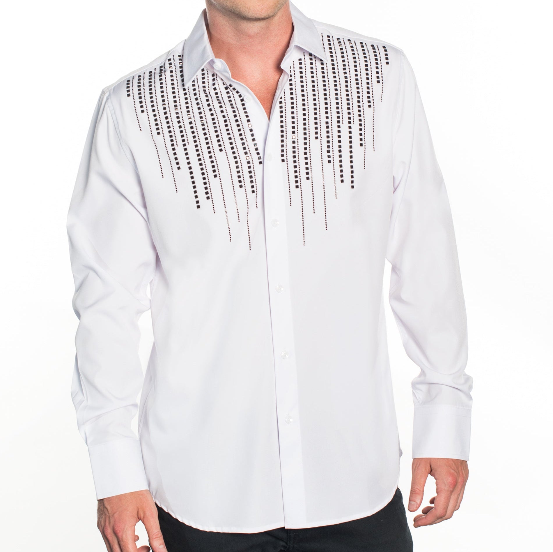 V.I.P. COLLECTION MEN'S RHINESTONE & EMBROIDERY BUTTON-UP LONG SLEEVES SHIRT (WHITE VWSF-2)