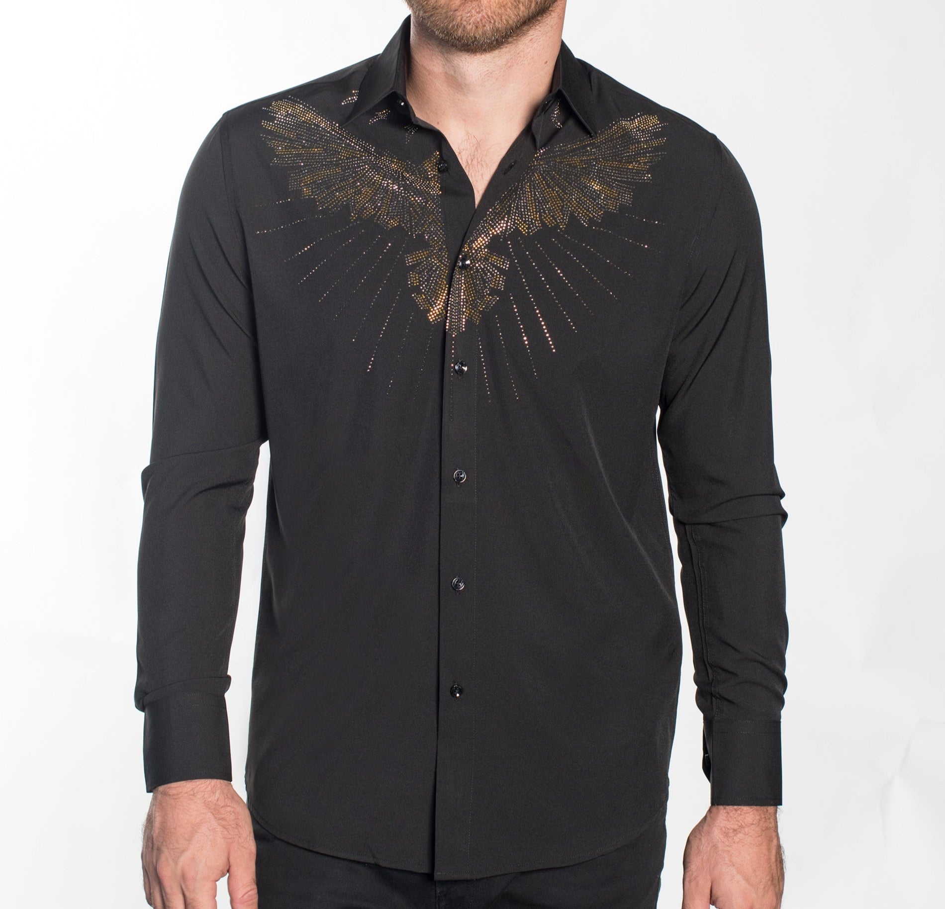 V.I.P. COLLECTION MEN'S RHINESTONE & EMBROIDERY BUTTON-UP LONG SLEEVES SHIRT (BLACK VWSF-20)