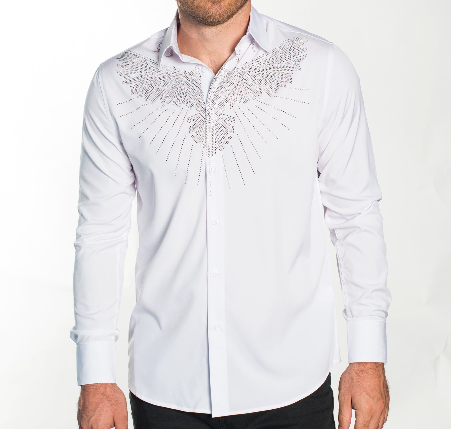 V.I.P. COLLECTION MEN'S RHINESTONE & EMBROIDERY BUTTON-UP LONG SLEEVES SHIRT (WHITE VWSF-20)