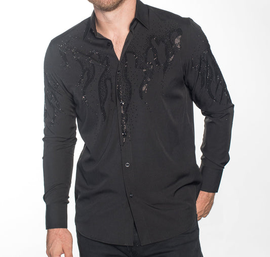 V.I.P. COLLECTION MEN'S RHINESTONE & EMBROIDERY BUTTON-UP LONG SLEEVES SHIRT (BLACK VWSF-6)