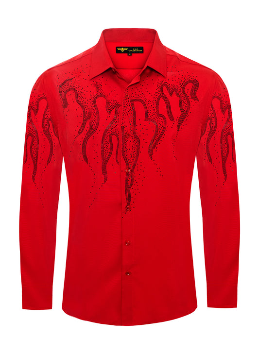 V.I.P. COLLECTION MEN'S RHINESTONE & EMBROIDERY BUTTON-UP LONG SLEEVES SHIRT (RED VWSF-6)