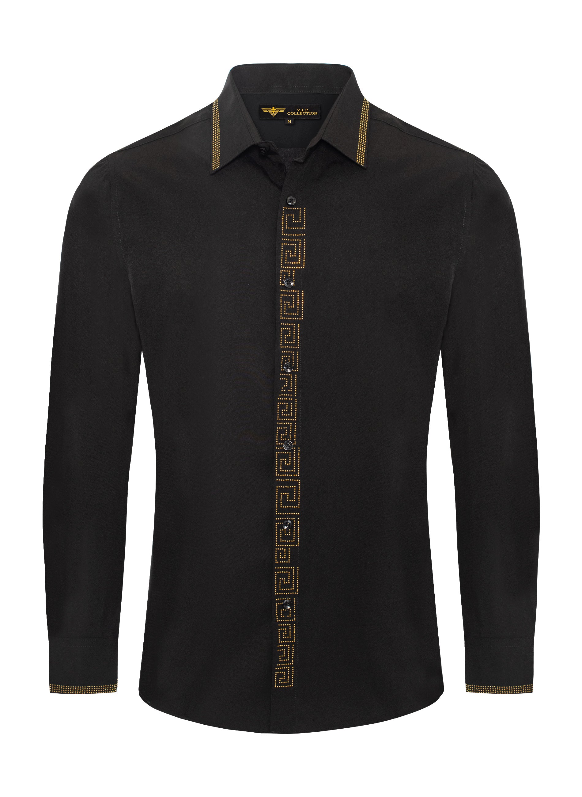 V.I.P. COLLECTION MEN'S RHINESTONE & EMBROIDERY BUTTON-UP LONG SLEEVES SHIRT (BLACK VWSF-10)