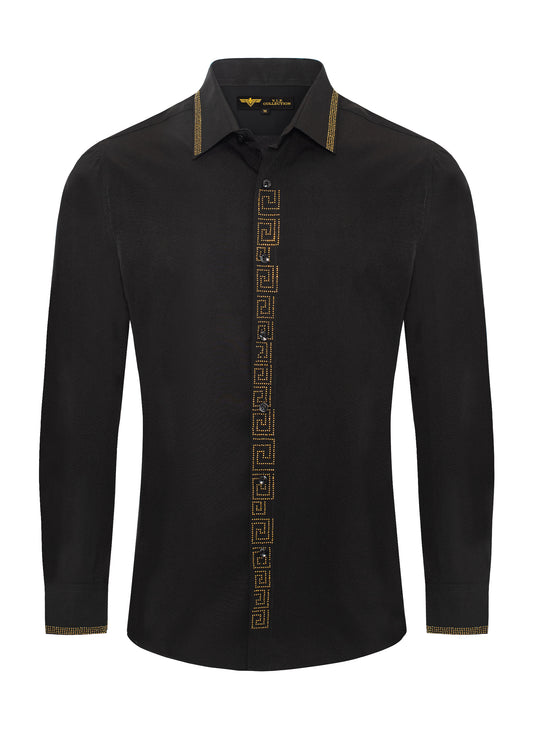 V.I.P. COLLECTION MEN'S RHINESTONE & EMBROIDERY BUTTON-UP LONG SLEEVES SHIRT (BLACK VWSF-10)