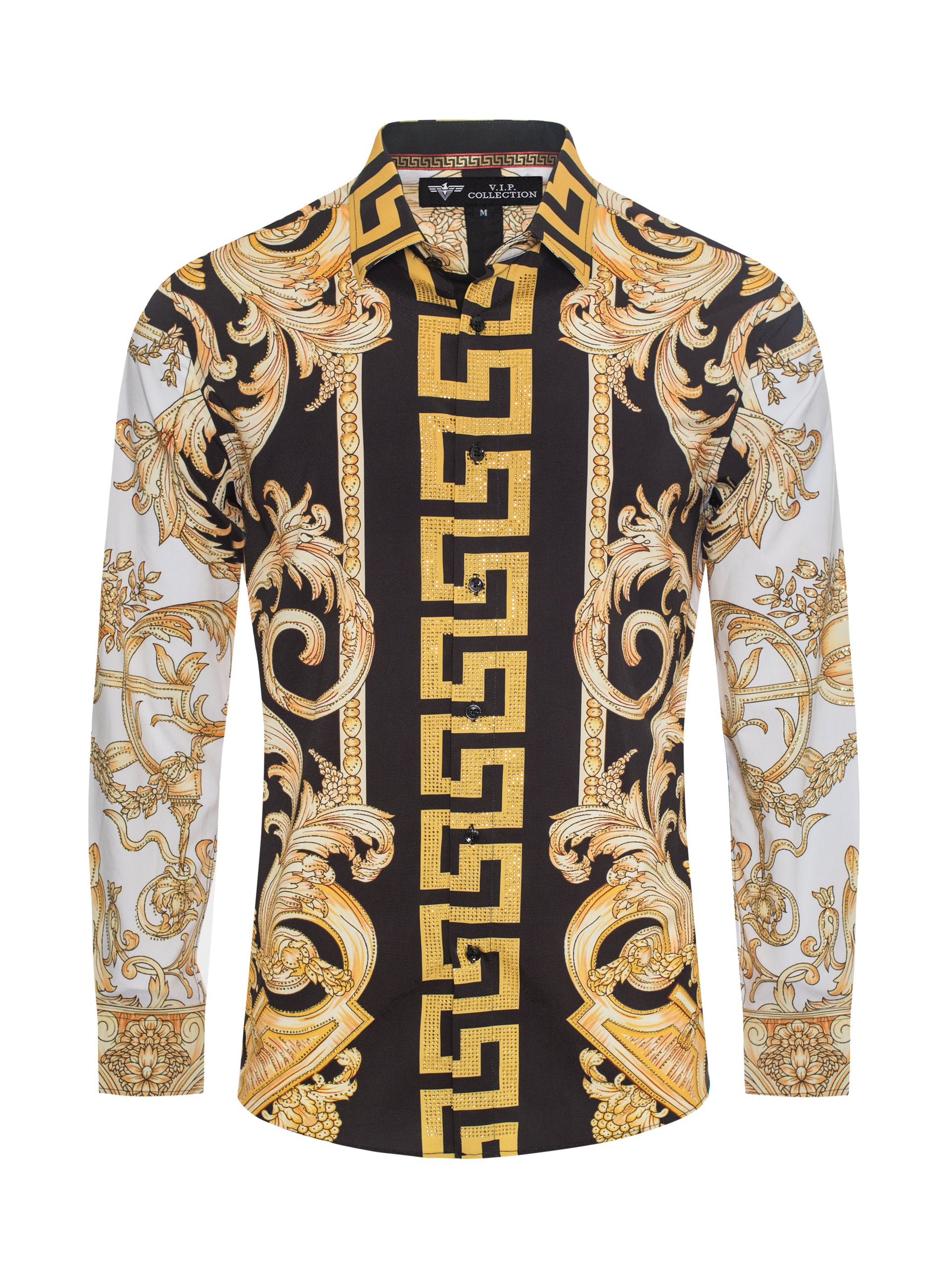 V.I.P. COLLECTION MEN'S RHINESTONE BUTTON-UP LONG SLEEVES SHIRT (BLACK/GOLD VWSL-2)