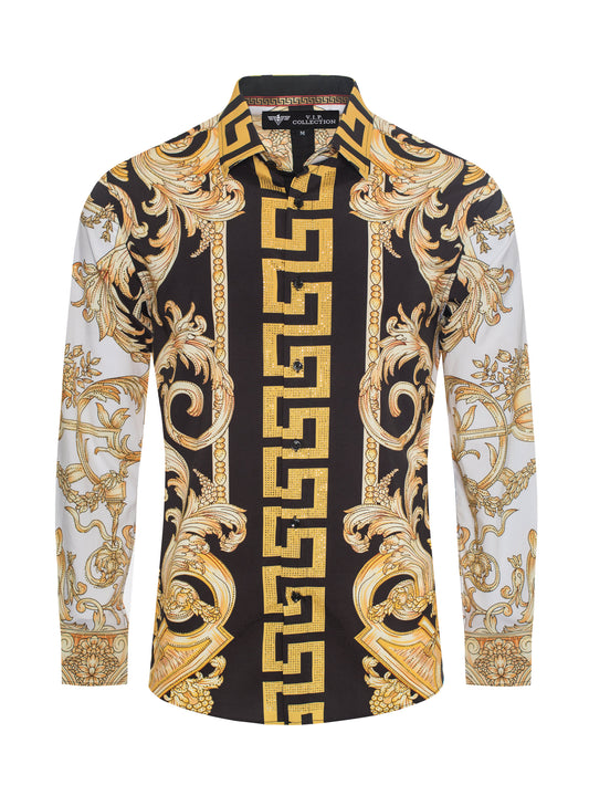 V.I.P. COLLECTION MEN'S RHINESTONE BUTTON-UP LONG SLEEVES SHIRT (BLACK/GOLD VWSL-2)