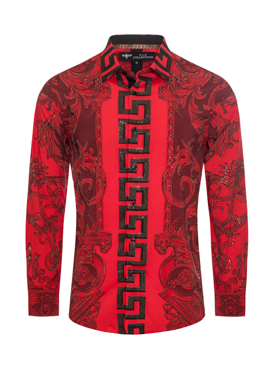 V.I.P. COLLECTION MEN'S RHINESTONE BUTTON-UP LONG SLEEVES SHIRT (RED/BLACK VWSL-2)