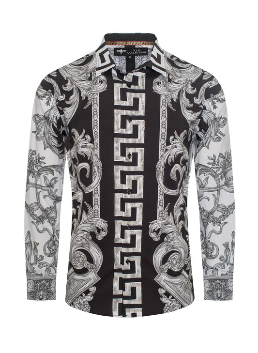 V.I.P. COLLECTION MEN'S RHINESTONE BUTTON-UP LONG SLEEVES SHIRT (WHITE/BLACK VWSL-2)