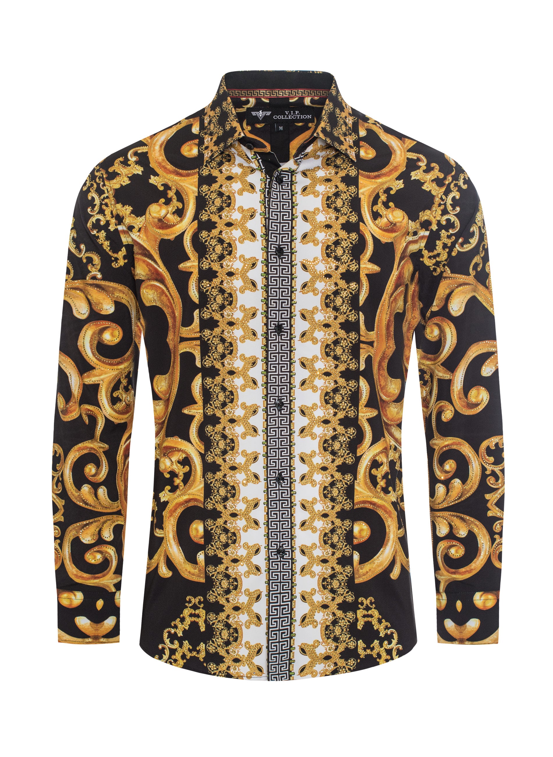 V.I.P. COLLECTION MEN'S PRINTED RHINESTONE BUTTON-UP LONG SLEEVES SHIRT (BLACK/GOLD VWSL-5)