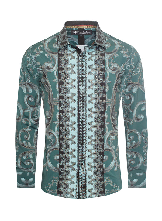 V.I.P. COLLECTION MEN'S PRINTED RHINESTONE BUTTON-UP LONG SLEEVES SHIRT (HUNTER GREEN/BLACK VWSL-5)