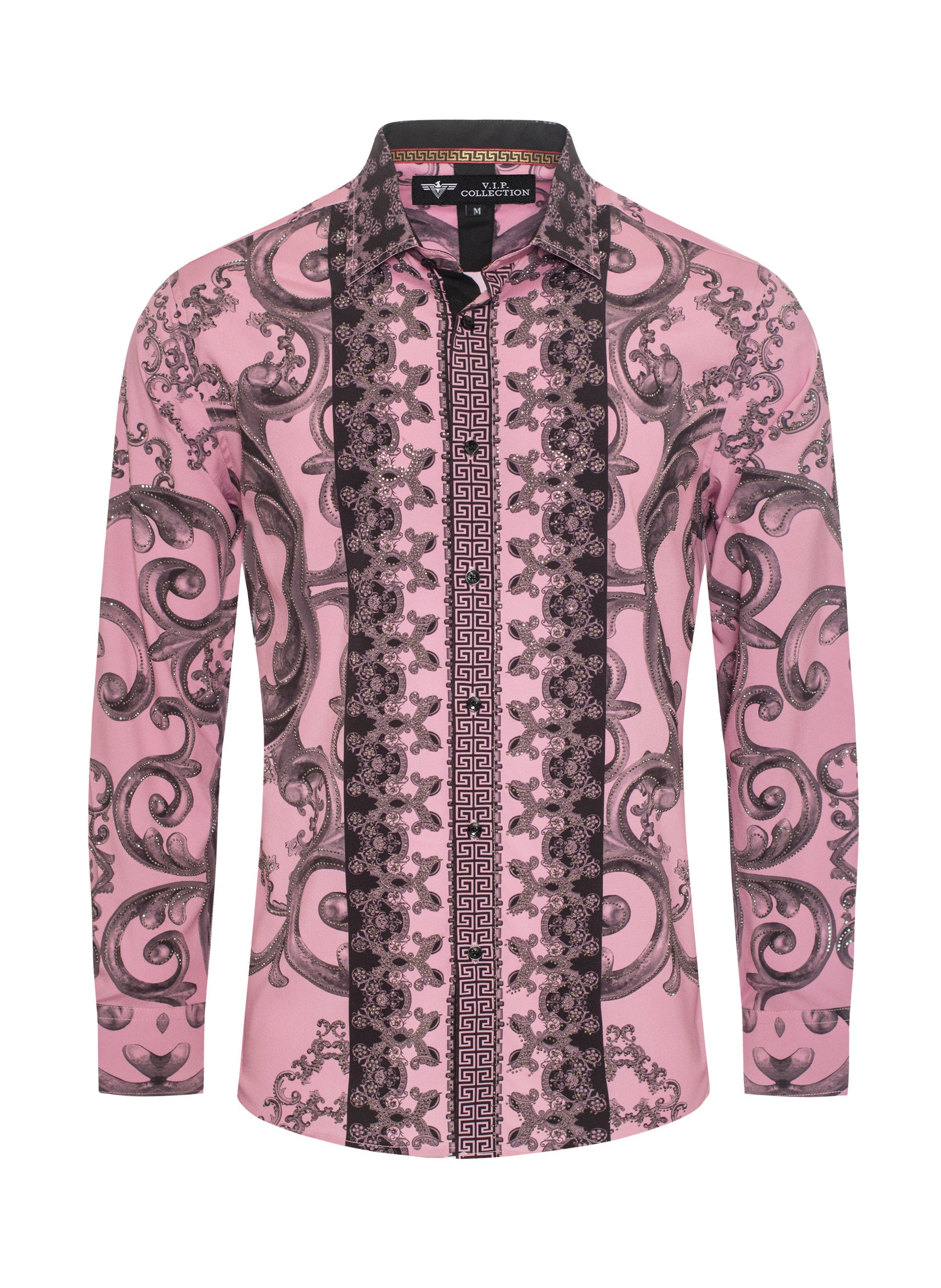 V.I.P. COLLECTION MEN'S PRINTED RHINESTONE BUTTON-UP LONG SLEEVES SHIRT (PINK VWSL-5)