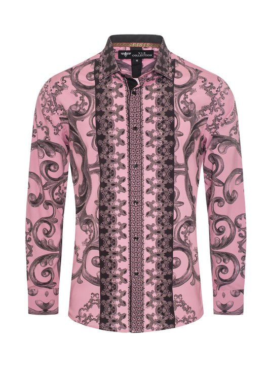 V.I.P. COLLECTION MEN'S PRINTED RHINESTONE BUTTON-UP LONG SLEEVES SHIRT (PINK VWSL-5)