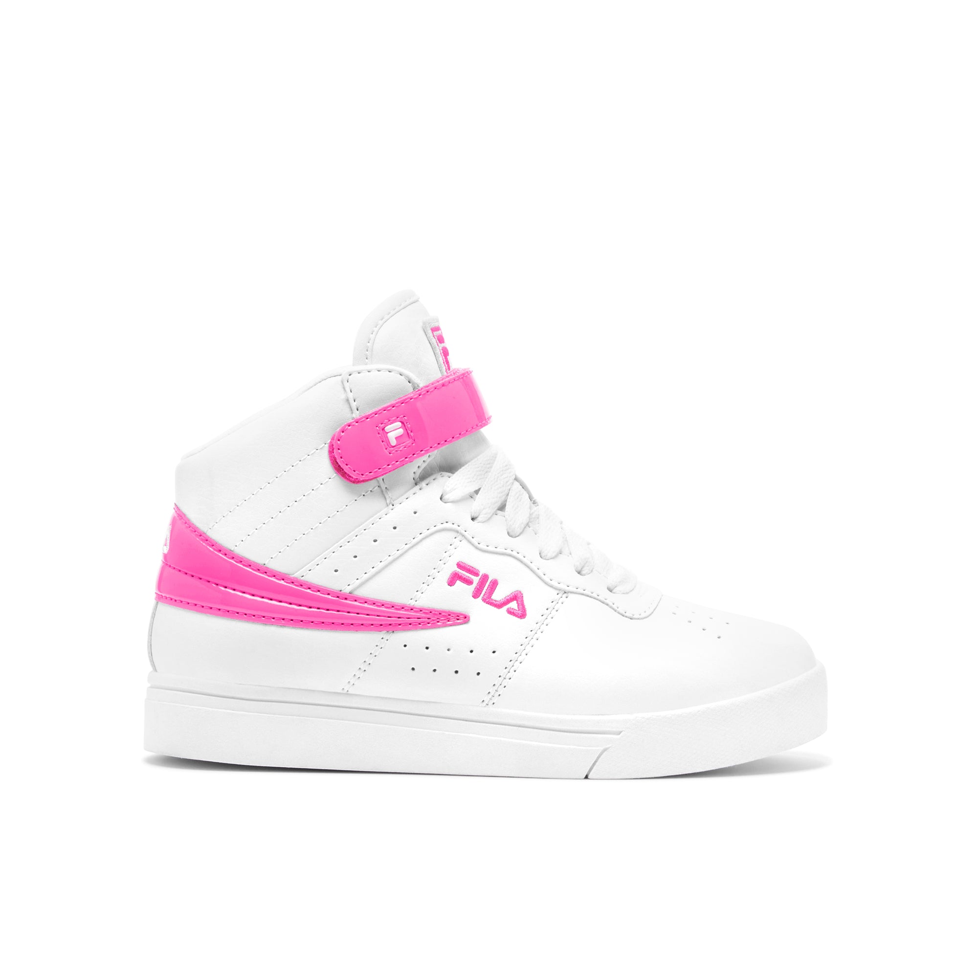 KIDS FILA VULC 13 PATENT FLAG HIGH TOP SHOES (WHITE/PINK)