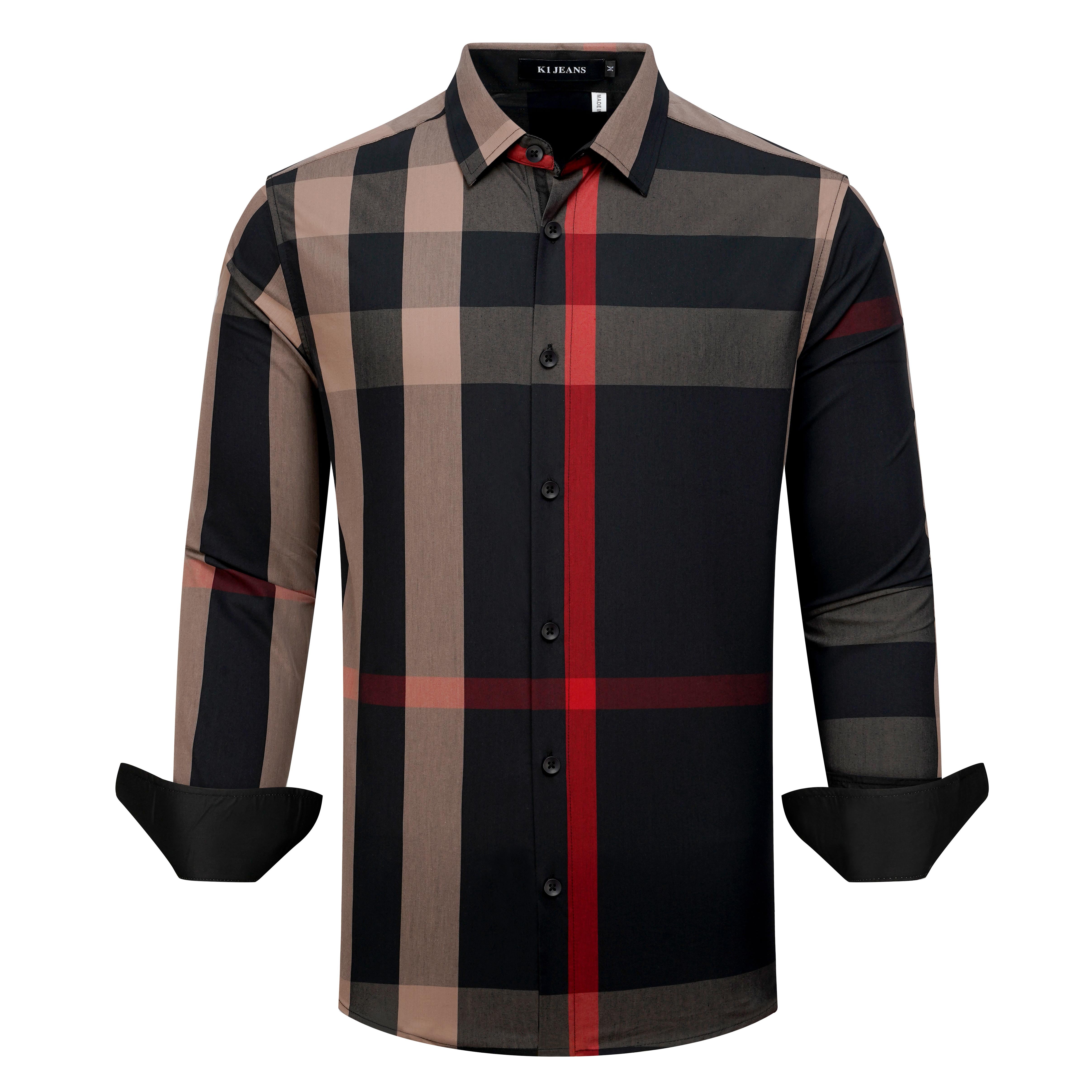 MEN'S PLAID LONG SLEEVE SHIRT (BLACK/BEIGE KS-018)