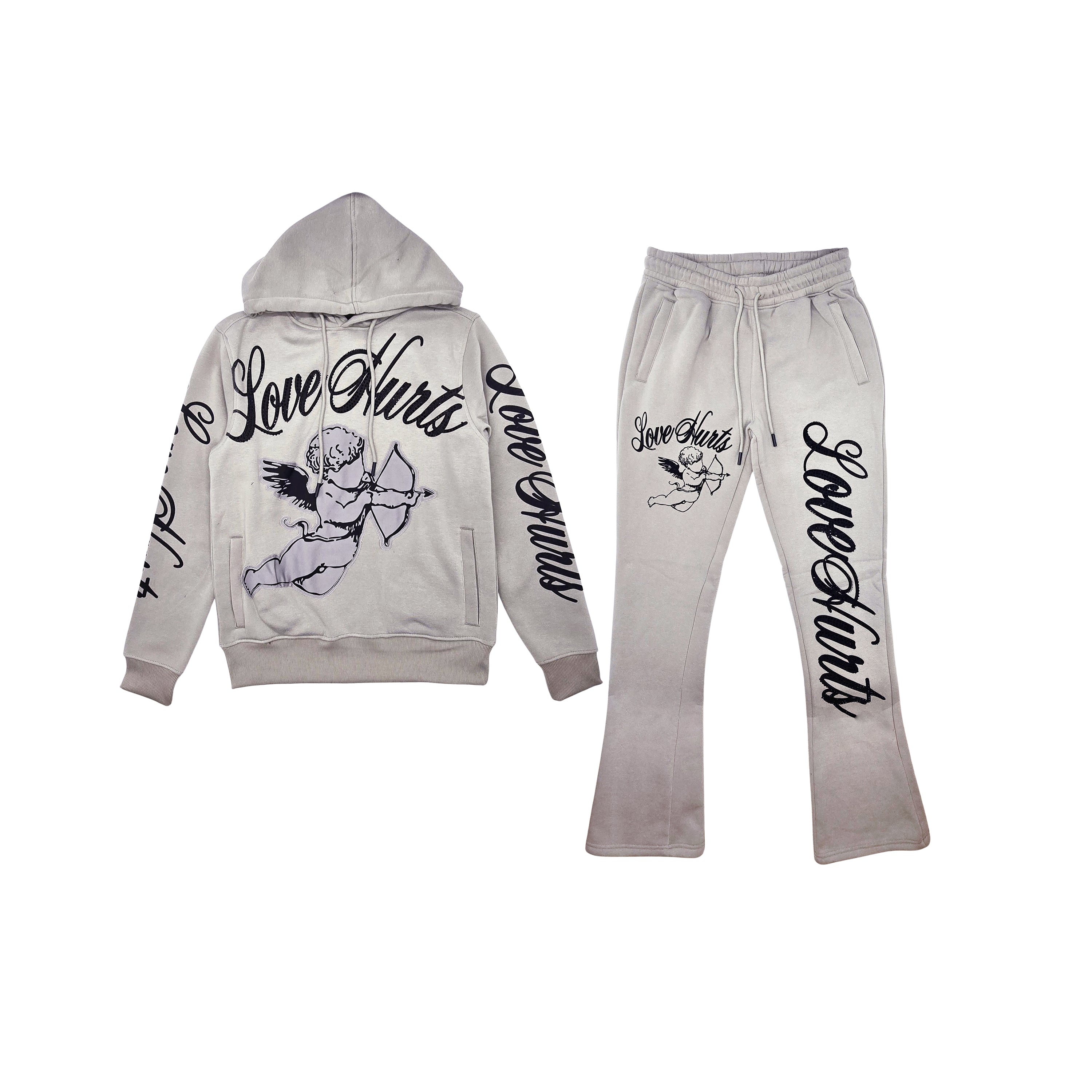 PJ MARK BLEECKER & MERCER MEN'S 2PIECE RHINESTONE LOVE HURTS GRAPHIC OYESTER GREY PULLOVER & STACKED PANTS SET