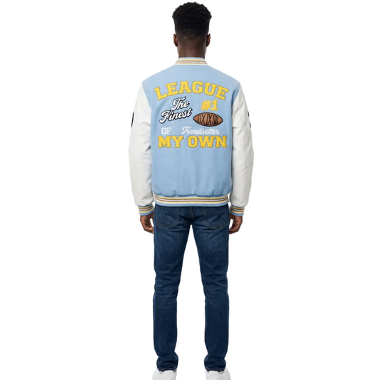 BLEECKER & MERCER MEN'S MIXED FABRIC EMBROIDERED VARSITY JACKET W/ PATCHES (SKY BLUE)