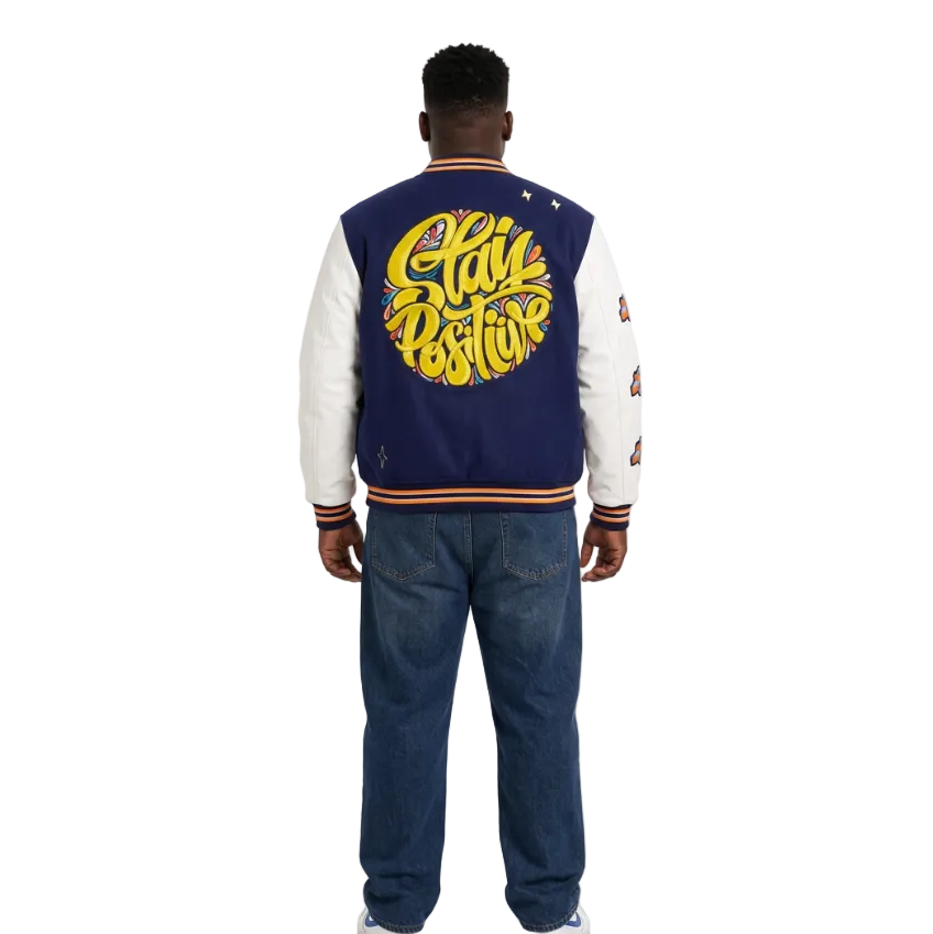 BLEECKER & MERCER MEN'S MIXED FABRIC EMBROIDERED VARSITY JACKET W/ PATCHES (NAVY)