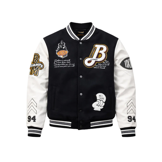 BLEECKER & MERCER MEN'S MIXED FABRIC EMBROIDERED VARSITY JACKET W/ PATCHES (BLACK)