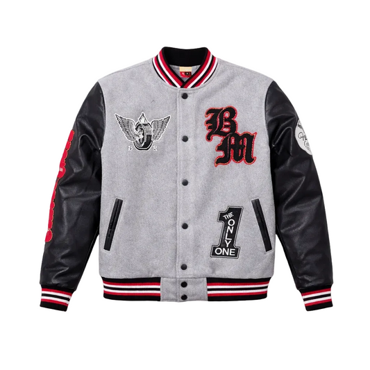 BLEECKER & MERCER MEN'S MIXED FABRIC EMBROIDERED VARSITY JACKET W/ PATCHES (HEATHER GREY)