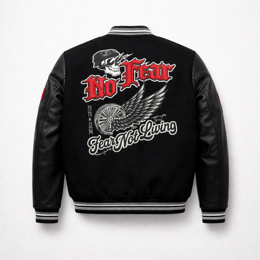 BLEECKER & MERCER MEN'S MIXED FABRIC EMBROIDERED VARSITY JACKET W/ PATCHES (BLACK)