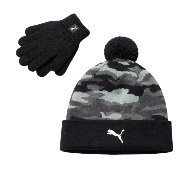 PUMA YOUTH KIDS BLACK & GREY CAMO TOUQUE & GLOVES SET