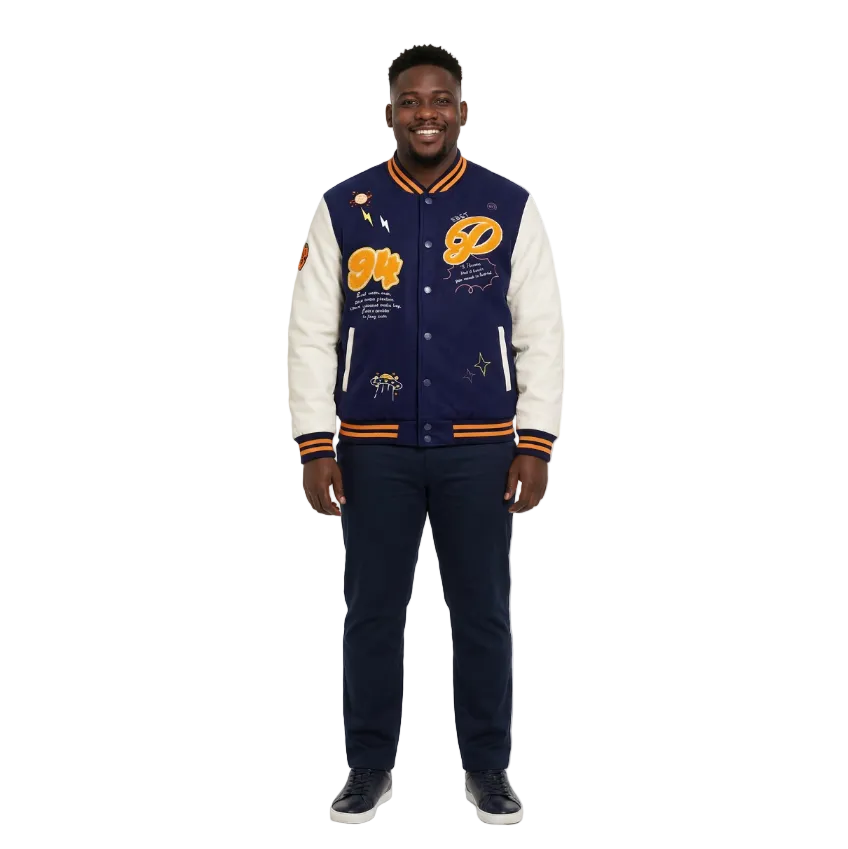 BLEECKER & MERCER MEN'S MIXED FABRIC EMBROIDERED VARSITY JACKET W/ PATCHES (NAVY)