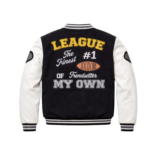 BLEECKER & MERCER MEN'S MIXED FABRIC EMBROIDERED VARSITY JACKET W/ PATCHES (BLACK)