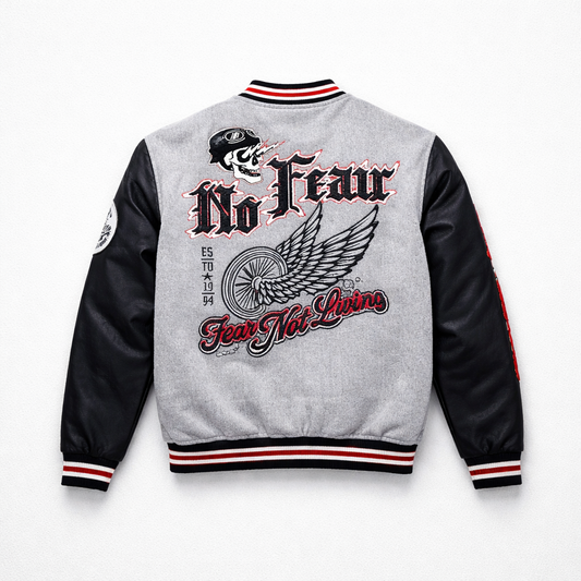 BLEECKER & MERCER MEN'S MIXED FABRIC EMBROIDERED VARSITY JACKET W/ PATCHES (HEATHER GREY)