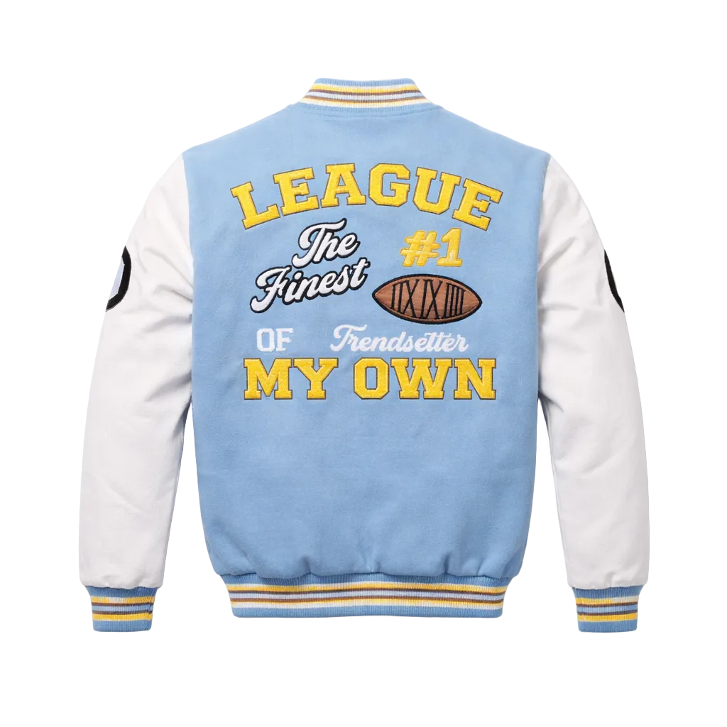 BLEECKER & MERCER MEN'S MIXED FABRIC EMBROIDERED VARSITY JACKET W/ PATCHES (SKY BLUE)