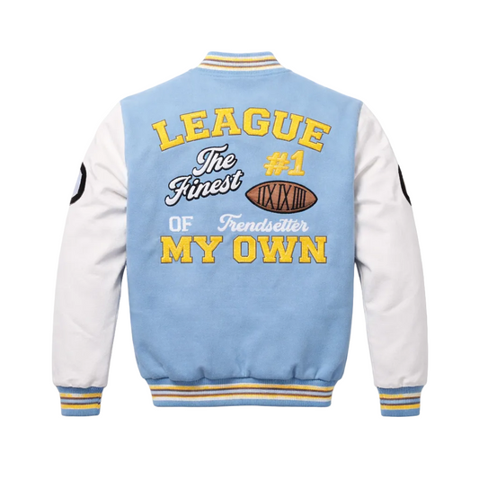 BLEECKER & MERCER MEN'S MIXED FABRIC EMBROIDERED VARSITY JACKET W/ PATCHES (SKY BLUE)