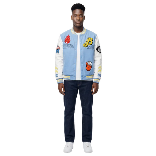 BLEECKER & MERCER MEN'S MIXED FABRIC EMBROIDERED VARSITY JACKET W/ PATCHES (SKY BLUE)