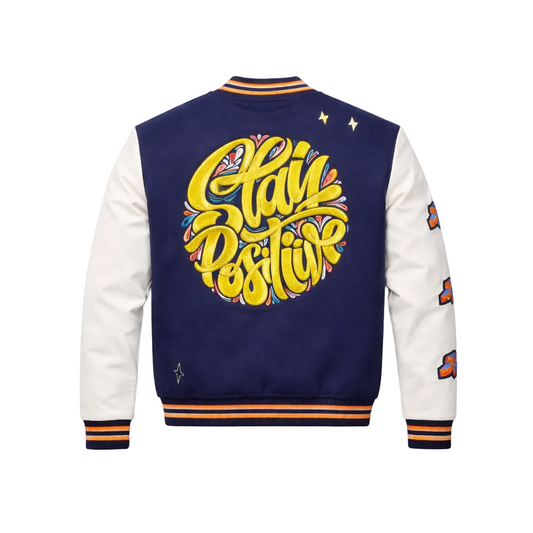 BLEECKER & MERCER MEN'S MIXED FABRIC EMBROIDERED VARSITY JACKET W/ PATCHES (NAVY)