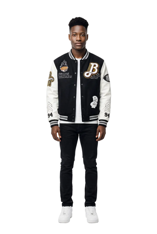 BLEECKER & MERCER MEN'S MIXED FABRIC EMBROIDERED VARSITY JACKET W/ PATCHES (BLACK)
