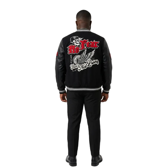 BLEECKER & MERCER MEN'S MIXED FABRIC EMBROIDERED VARSITY JACKET W/ PATCHES (BLACK)