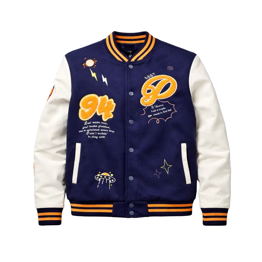 BLEECKER & MERCER MEN'S MIXED FABRIC EMBROIDERED VARSITY JACKET W/ PATCHES (NAVY)