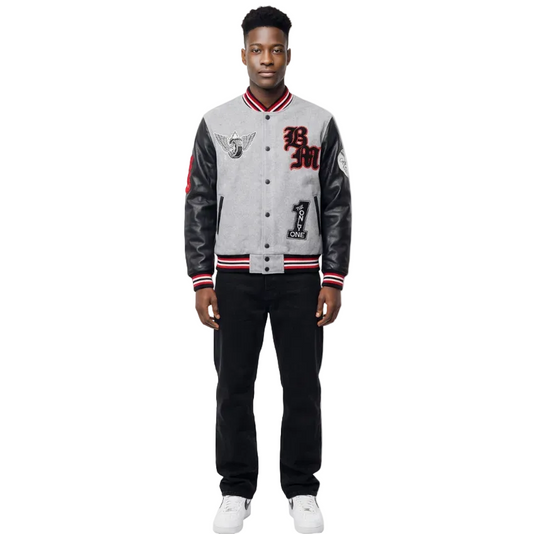 BLEECKER & MERCER MEN'S MIXED FABRIC EMBROIDERED VARSITY JACKET W/ PATCHES (HEATHER GREY)