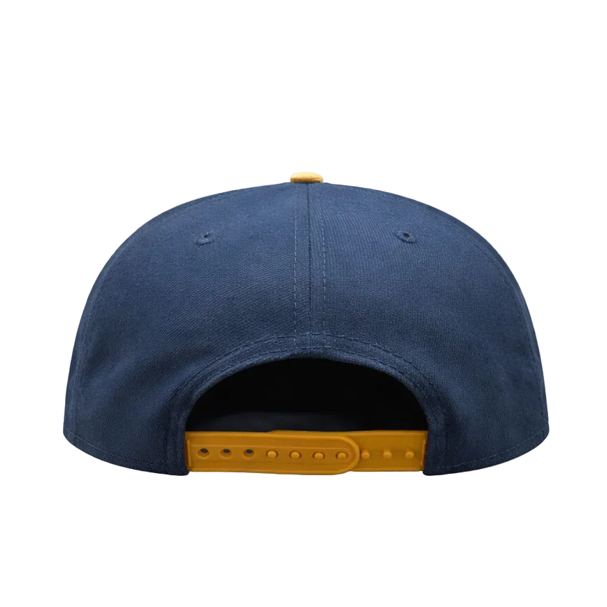 Blue cap with yellow brim on a white background