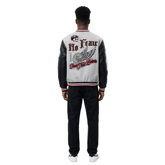 BLEECKER & MERCER MEN'S MIXED FABRIC EMBROIDERED VARSITY JACKET W/ PATCHES (HEATHER GREY)