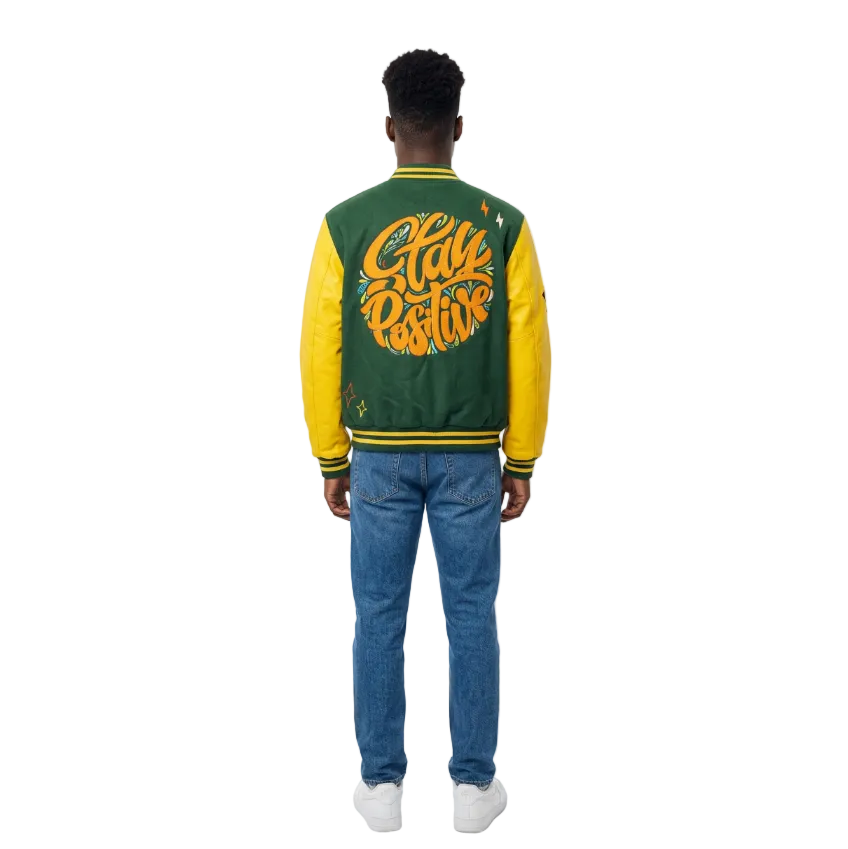 BLEECKER & MERCER MEN'S MIXED FABRIC EMBROIDERED VARSITY JACKET W/ PATCHES (GREEN)
