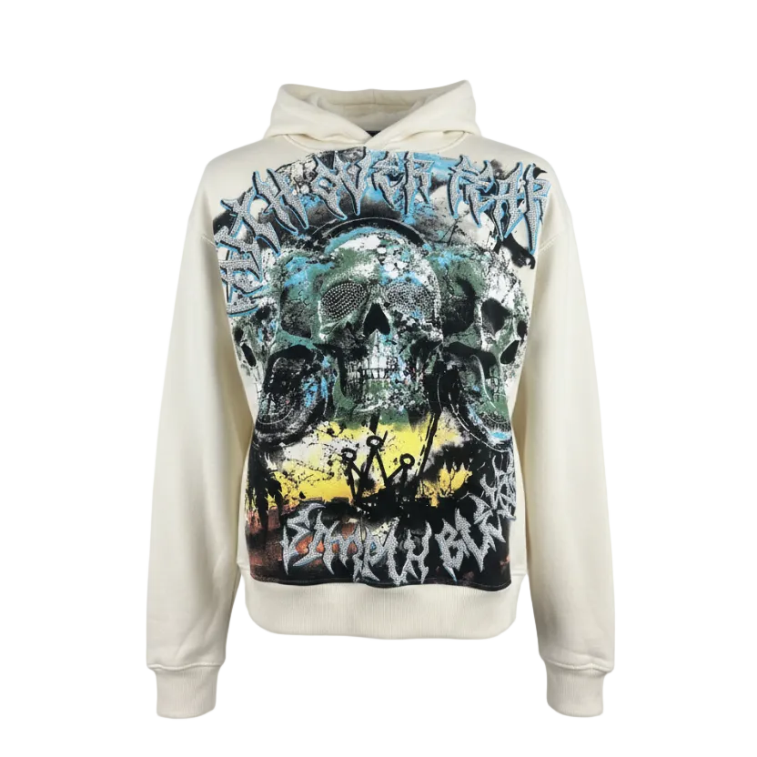 PJ MARK BLEECKER & MERCER MEN'S RHINESTONE FAITH OVER FEAR, SKULL GRAPHIC OATMEAL CREAM OFF-WHITE HOODIE
