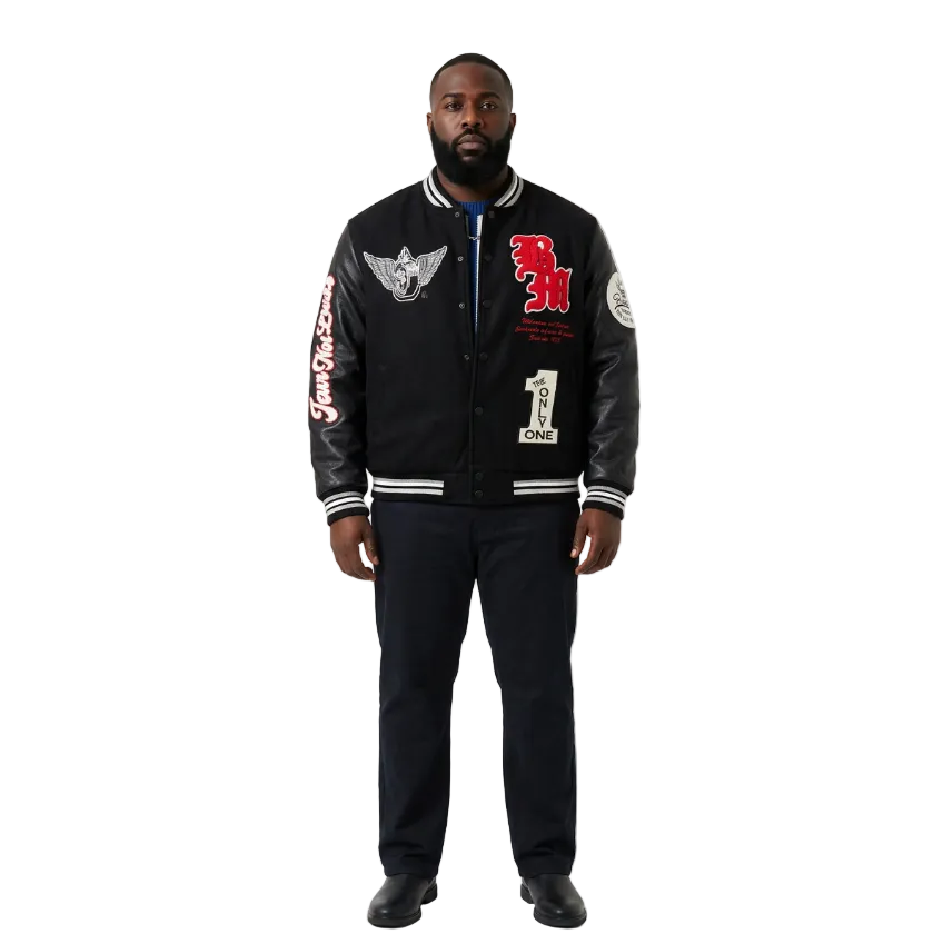 BLEECKER & MERCER MEN'S MIXED FABRIC EMBROIDERED VARSITY JACKET W/ PATCHES (BLACK)