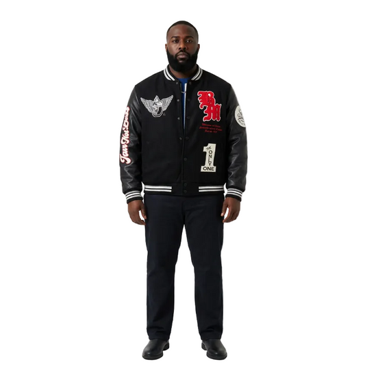 BLEECKER & MERCER MEN'S MIXED FABRIC EMBROIDERED VARSITY JACKET W/ PATCHES (BLACK)