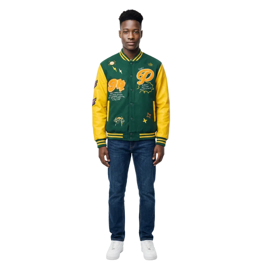 BLEECKER & MERCER MEN'S MIXED FABRIC EMBROIDERED VARSITY JACKET W/ PATCHES (GREEN)